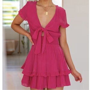Miduo DEEP PINK V-NECK TIE FRONT SMOCKED WAIST RUFFLE MINI DRESS Women’s XXL